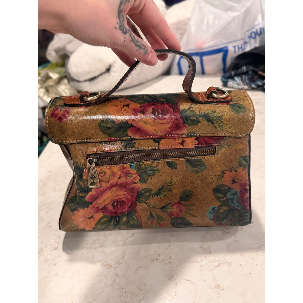 Patricia Nash Floral Leather Top Handle Satchel Bag Tan Rose Gold Tone Hardware - Picture 5 of 13